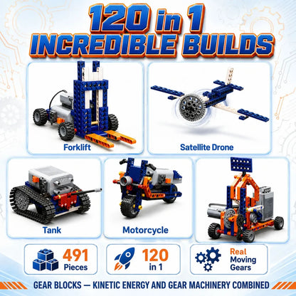 Gear Blocks Science and Education Set – 491 Pieces, 120-in-1 Motorized Building Kit