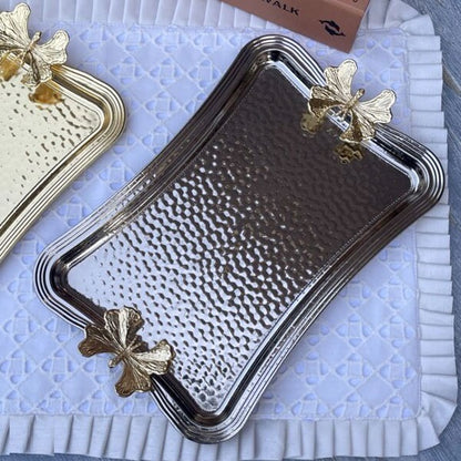 Hammered Metal Decorative Tray with Gold Butterfly Accents