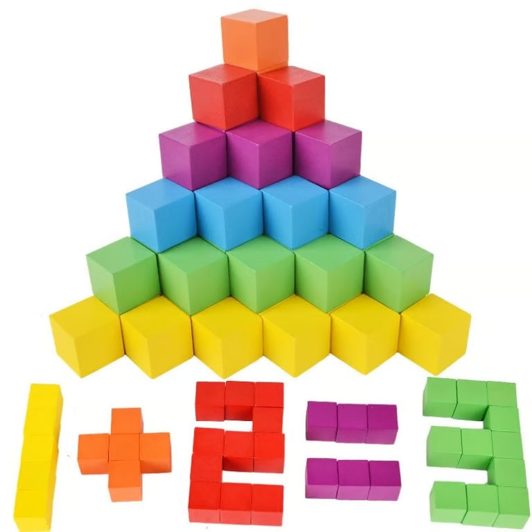 100 Pieces Soft Colorful Wooden Cube Blocks - Early Childhood Education Building Set
