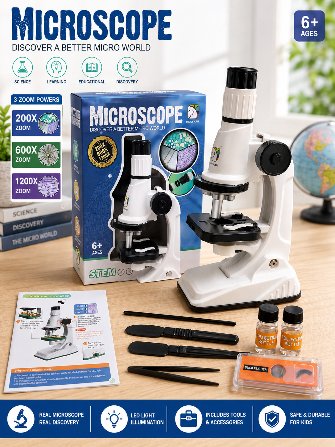 Educational Microscope for Kids - 200X 600X 1200X Magnification STEM Learning Toy