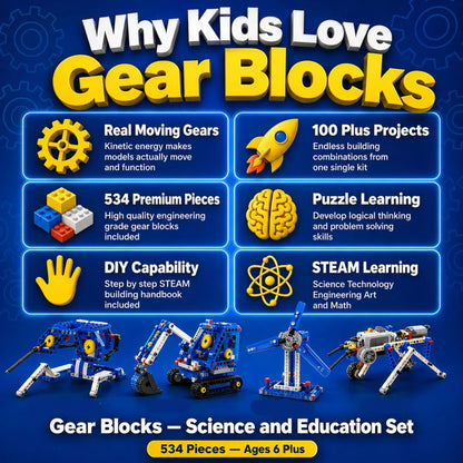 Gear Blocks 534-piece building set feature graphic showing moving gears, 100 plus project ideas, STEAM learning, and ages 6 plus