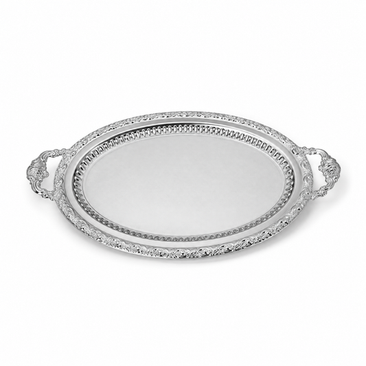 Royal Oval Silver Serving Tray with Ornate Handles