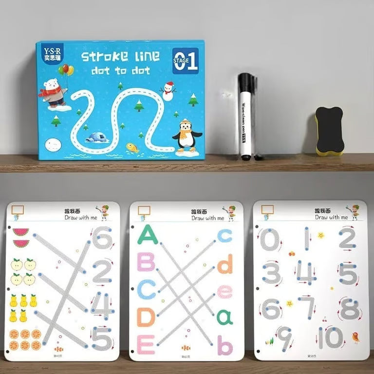 Stroke Line Dot to Dot Pen Control Training Copybook Set - 64 Pages Reusable Writing Practice Book for Kids