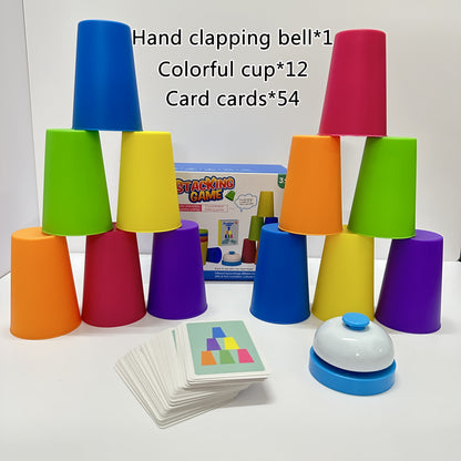 Rainbow Stacking Cup Game for Kids – 12 Cups, 54 Cards & Bell