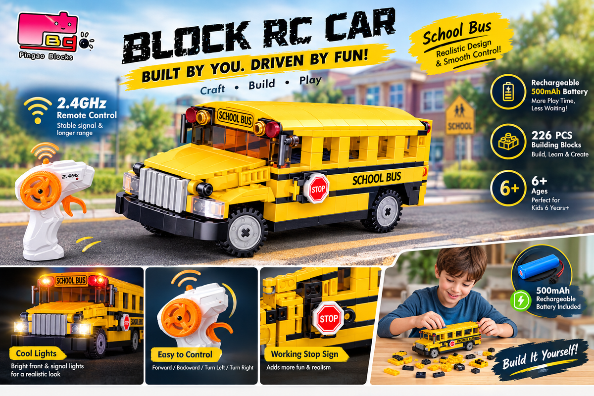 RC Car School Bus Construction Blocks – 226 Pcs Building Blocks Set with 2.4GHz Remote Control - 70064