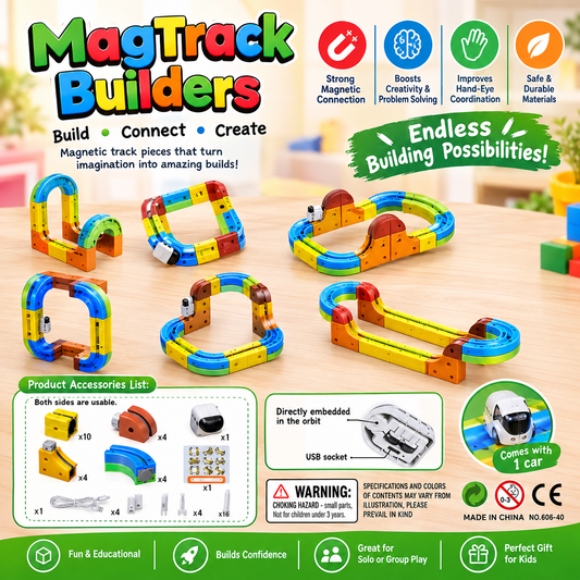 MagTrack Builders 40-piece magnetic track set with smart car – colorful building tracks for kids ages 3+