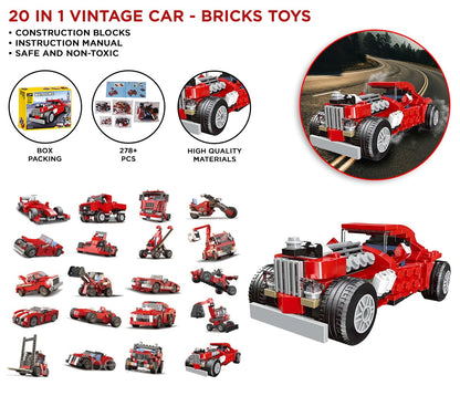 Red vintage car building block toy set shown on a white background with product text, feature callouts, small assembled vehicle examples, and a large assembled hot-rod car model.