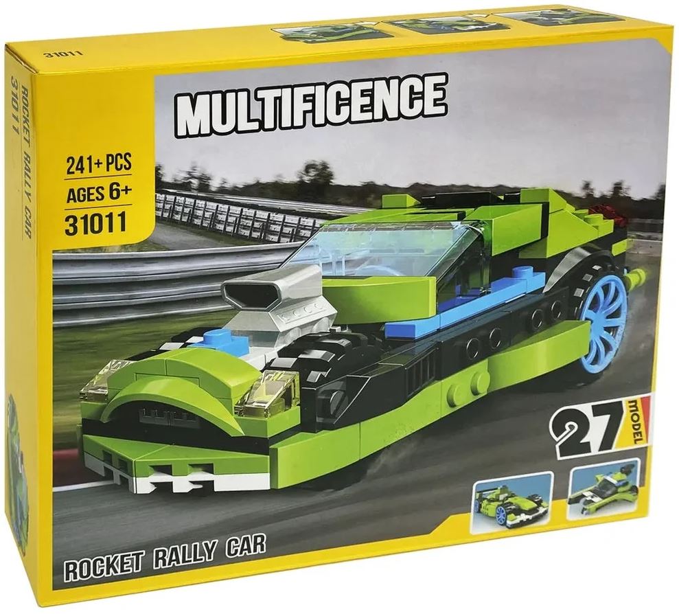 Multicence Rocket Rally Car building block toy set in its original yellow packaging box, featuring a green and black race car with blue wheels on the front illustration.