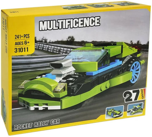 Multicence Rocket Rally Car building block toy set in its original yellow packaging box, featuring a green and black race car with blue wheels on the front illustration.