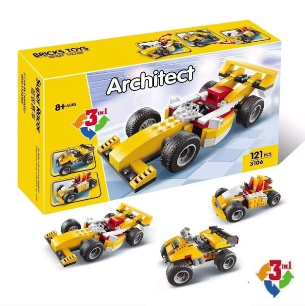 Bricks Toys Architect 3-in-1 racing car building set, showing the yellow and blue retail box with a large image of a yellow race car, plus three assembled toy cars in front on a white background.