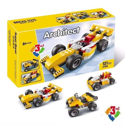 Bricks Toys Architect 3-in-1 racing car building set, showing the yellow and blue retail box with a large image of a yellow race car, plus three assembled toy cars in front on a white background.