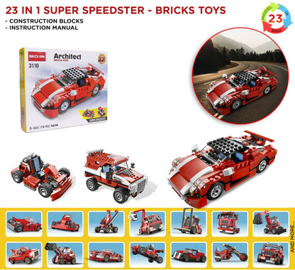 Brickheadz Architect 3110 red and white racing car construction toy set, featuring the retail box, multiple assembled vehicle views, an inset photo of the toy car on a road, and a grid of smaller feature thumbnails on a yellow background.