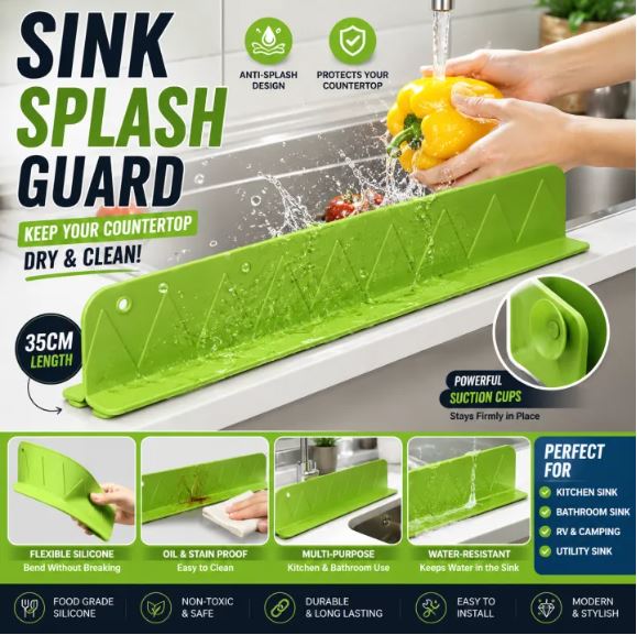 Sink Splash Guard – 35cm flexible green silicone faucet water barrier with suction cups for kitchen and bathroom sink