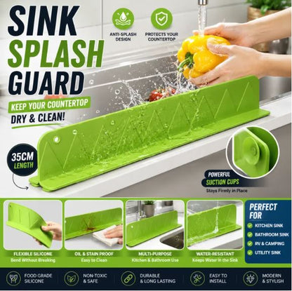 Sink Splash Guard – 35cm flexible green silicone faucet water barrier with suction cups for kitchen and bathroom sink