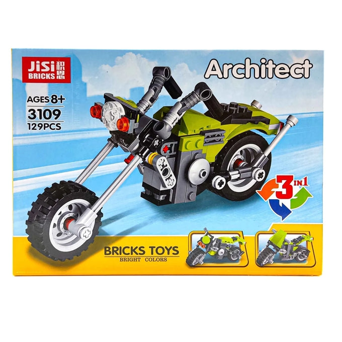 Bricks toy set packaging with a motorcycle model on a blue sky background