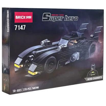 Brick Toys Super Hero 7147 Batman Batsuit building block set box, featuring a black and gray model car with yellow accents on a dark background.