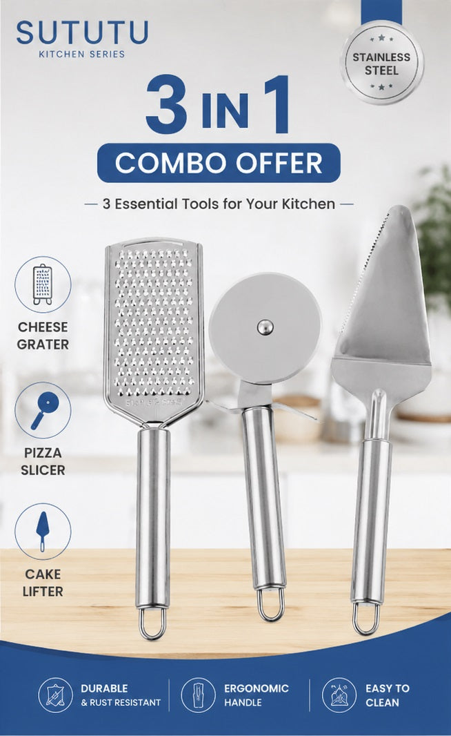 3-in-1 Kitchen Combo – Stainless Steel Cheese Grater, Pizza Slicer & Cake Lifter