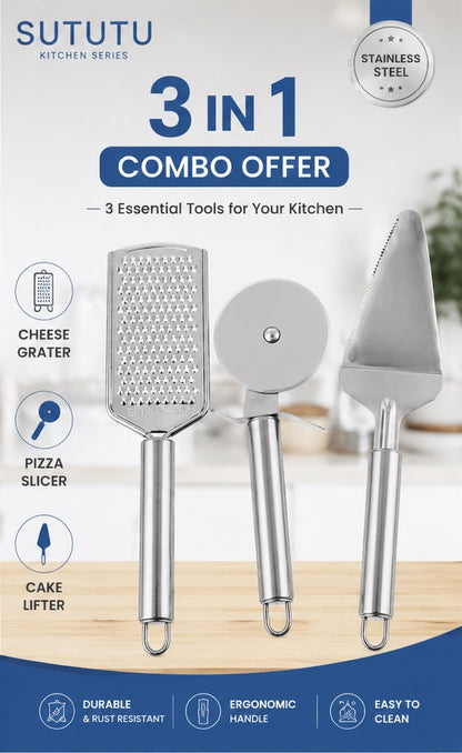 3-in-1 Kitchen Combo – Stainless Steel Cheese Grater, Pizza Slicer & Cake Lifter