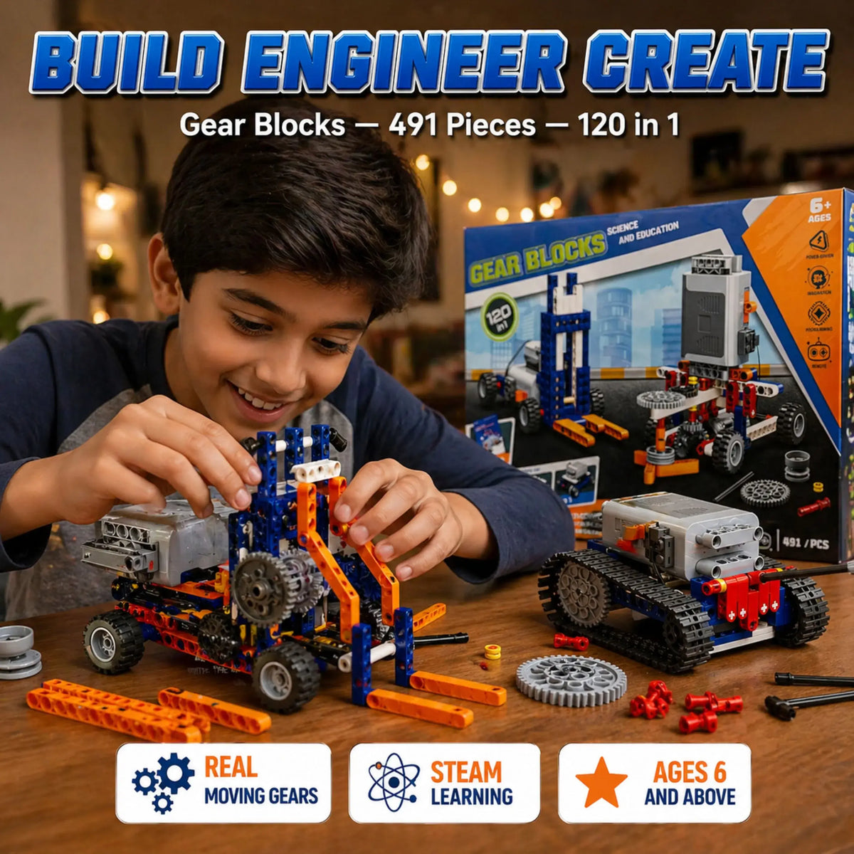 Gear Blocks Science and Education Set – 491 Pieces, 120-in-1 Motorized Building Kit