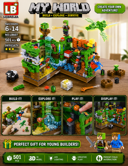 My World Minecraft-Style Building Block Set – 501 Pcs | LED Lighting | Ages 6–14 - LB607