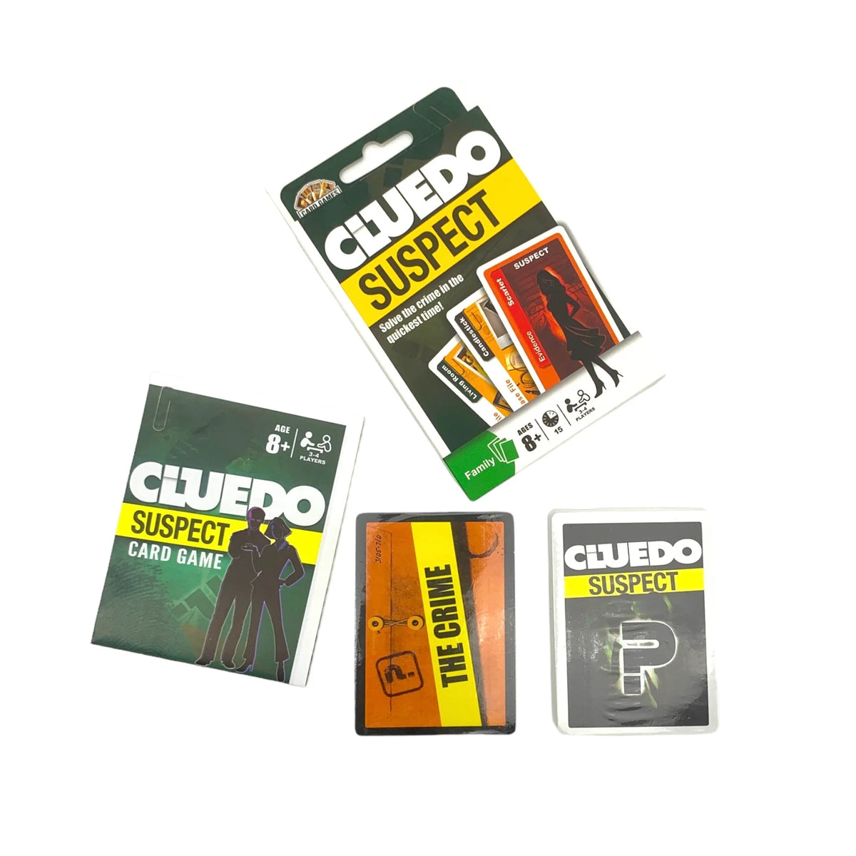 Cluedo Suspect card game components on a white background, including the retail blister pack, the card box, an orange evidence card, and a gray clue card.