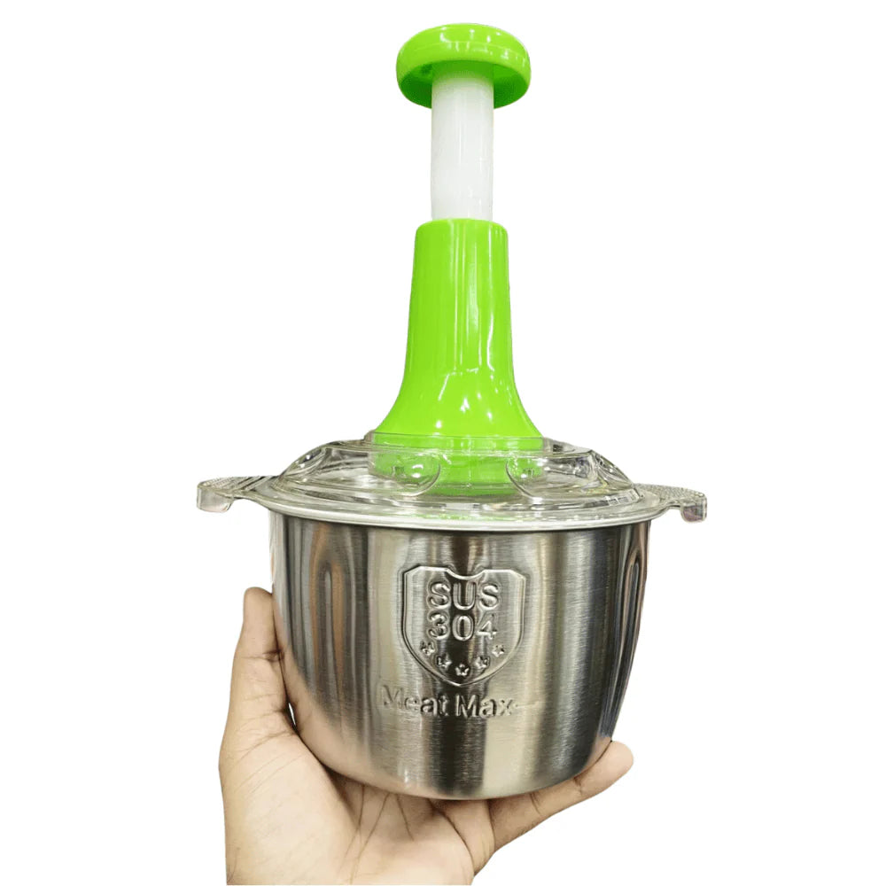 2L Manual Food Chopper with Stainless Steel Bowl - Hand Pull Vegetable Chopper with 4 Curved Blades