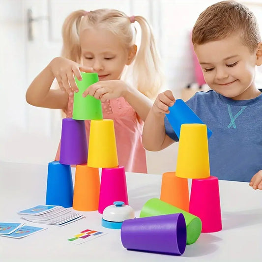 Rainbow Stacking Cup Game for Kids – 12 Cups, 54 Cards & Bell