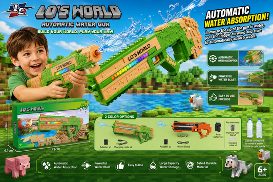 Lo's World Automatic Water Gun – Minecraft-Themed Electric Water Blaster for Kids