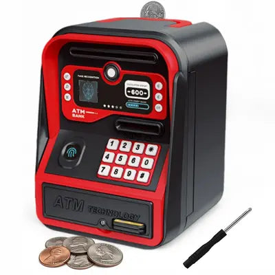 ATM Piggy Bank Money Safe for Kids – Fingerprint & Password Lock, Card Insert, Auto Bill Feeder