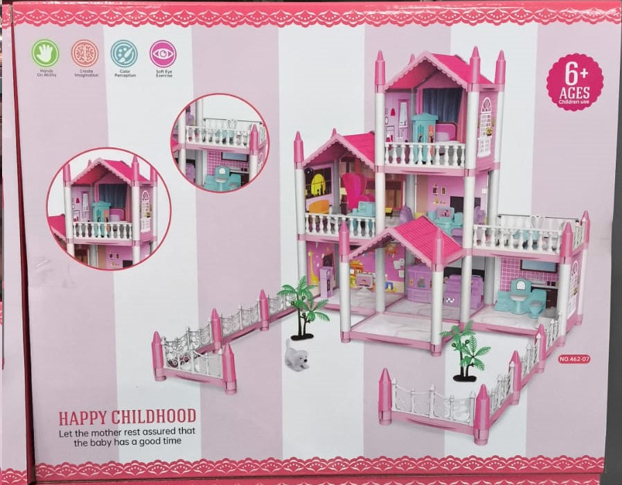 Box packaging for a pink and white multi-story dollhouse toy, showing the assembled house, inset detail circles, age rating of 6+, and 'HAPPY CHILDHOOD' text on a pink-and-white striped background.