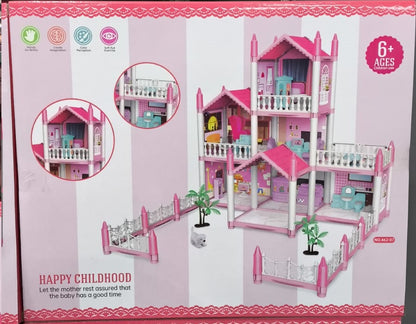 Box packaging for a pink and white multi-story dollhouse toy, showing the assembled house, inset detail circles, age rating of 6+, and 'HAPPY CHILDHOOD' text on a pink-and-white striped background.