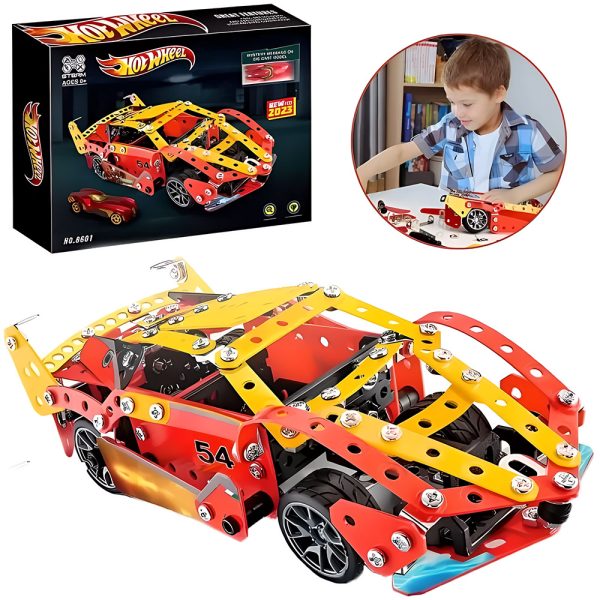 Mechanical model kit with red and yellow design, Hot Wheels packaging, and child playing with the kit.