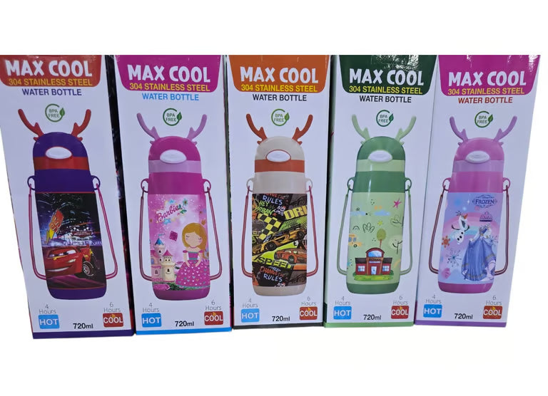 سٹینلیس سٹیل کڈز سیپر بوتل 720 ملی لٹر - اسٹرا اور پٹے کے ساتھ موصل پانی کی بوتل