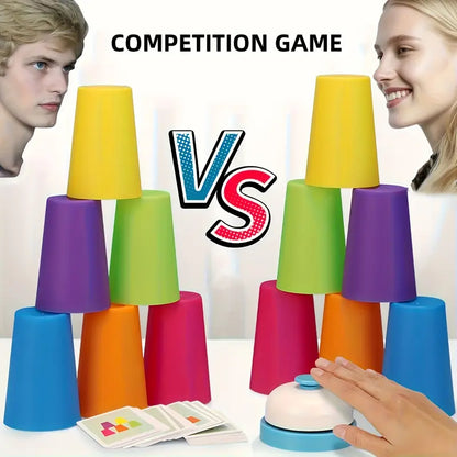 Rainbow Stacking Cup Game for Kids – 12 Cups, 54 Cards & Bell