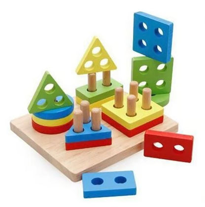 Wooden Geometric Shape Sorter Toy - Montessori Educational Stacking Puzzle for Toddlers