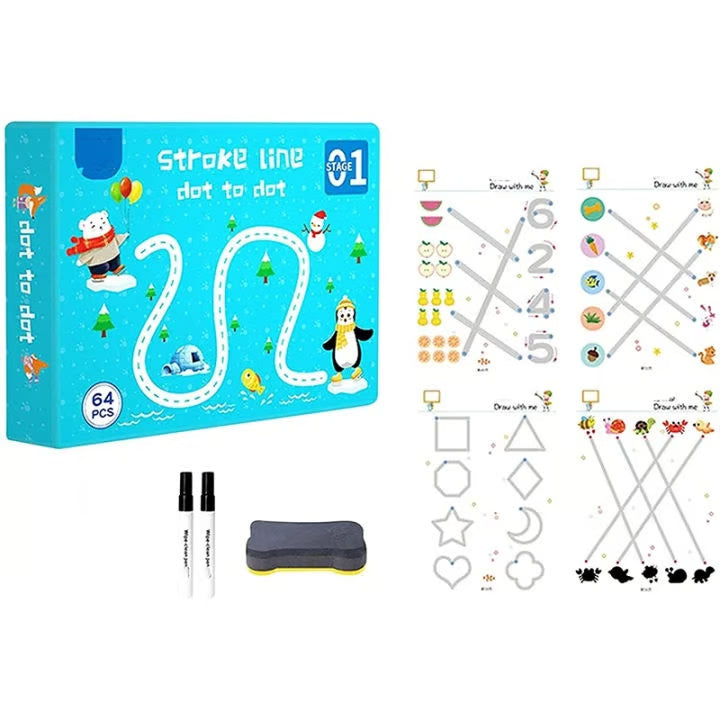Stroke Line Dot to Dot Pen Control Training Copybook Set - 64 Pages Reusable Writing Practice Book for Kids