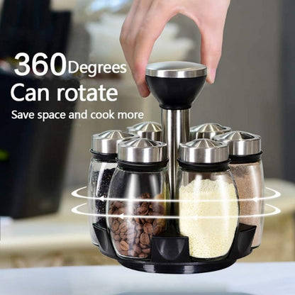 360° Rotatable Spice Rack with 6 Glass Jars – Stainless Steel Kitchen Organizer