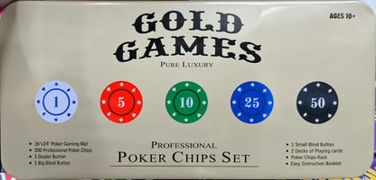 Gold Games Professional Poker Chips Set - Playing Cards - 200 Chips with Gaming Mat