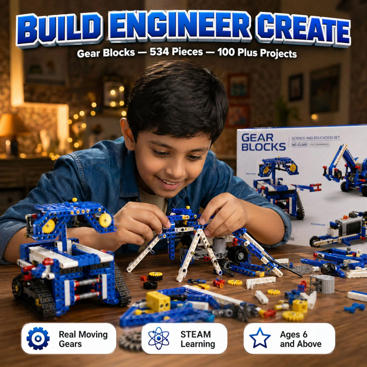 Gear Blocks 534-Piece STEM Building Set for Kids, Ages 6+
