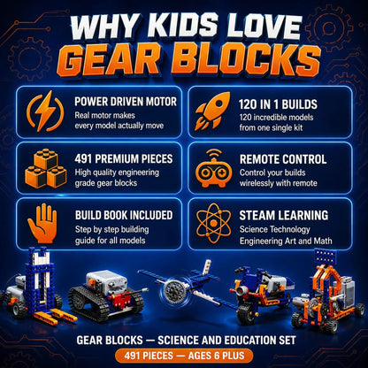 Gear Blocks Science and Education Set box with 491-piece motorized building kit, ages 6 and up