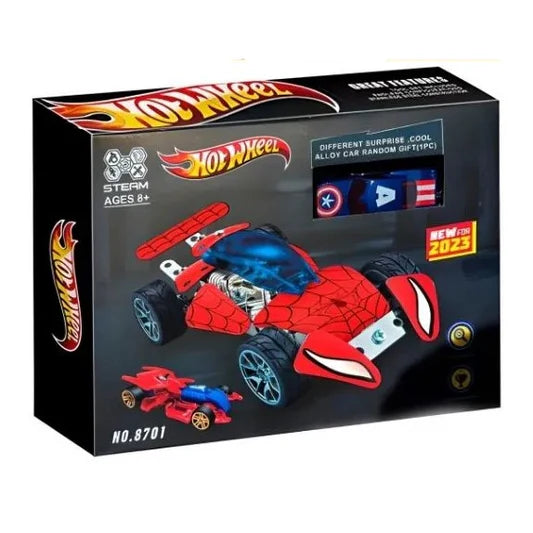 Hot Wheels toy car packaging with Spider-Man design on a black background