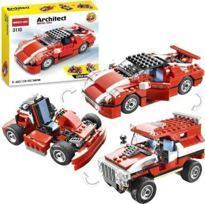 3-ان-1 آرکیٹیکٹ بلڈنگ بلاک وہیکل سیٹ - ریڈ سپورٹس کار، جیپ اور گو کارٹ (278 ٹکڑے)