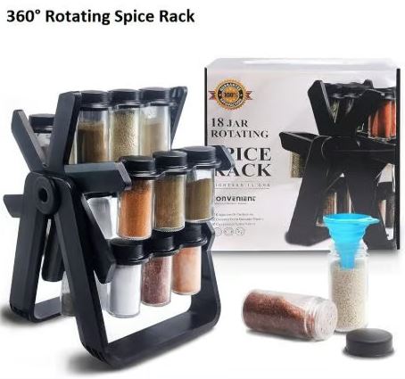 360° Rotating Spice Rack - 18 Jar Kitchen Organizer with Funnel