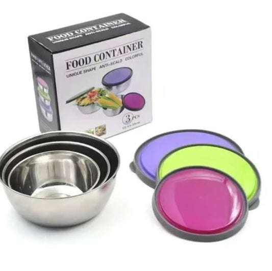 3-Piece Stainless Steel Food Container Set with Colorful Lids