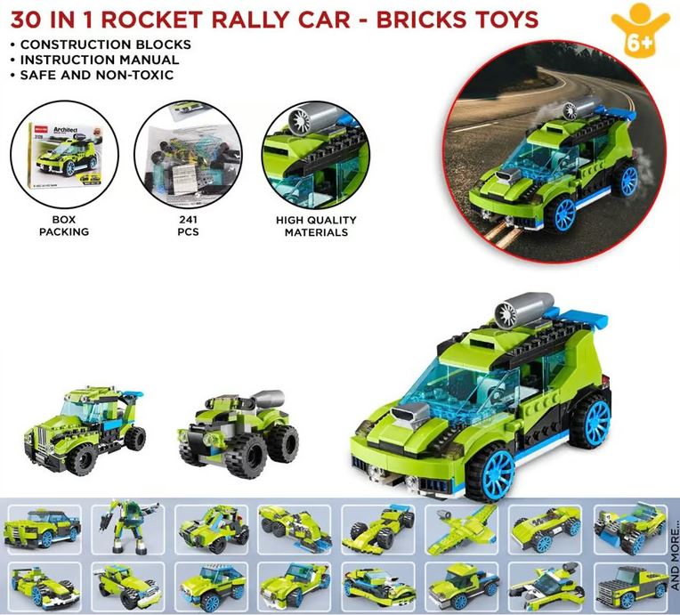 30-in-1 ریلی کار بلڈنگ بلاکس سیٹ - 241 ٹکڑوں کا تعمیراتی کھلونا 6+ بچوں کے لیے - 3128