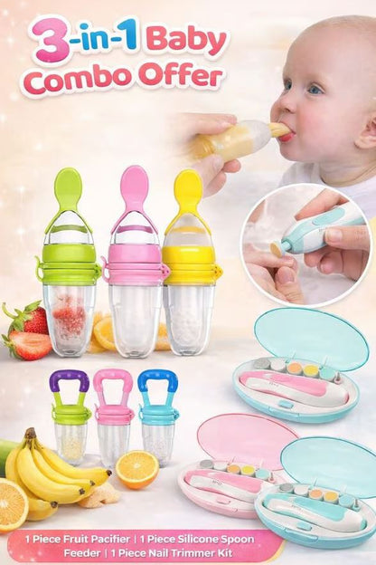 3-ان-1 بیبی فیڈنگ کومبو سیٹ - فروٹ پیسیفائر، سلیکون اسپون اور نیل ٹرمر کٹ