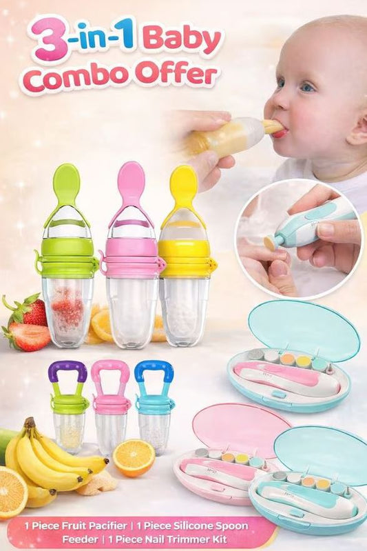3-ان-1 بیبی فیڈنگ کومبو سیٹ - فروٹ پیسیفائر، سلیکون اسپون اور نیل ٹرمر کٹ