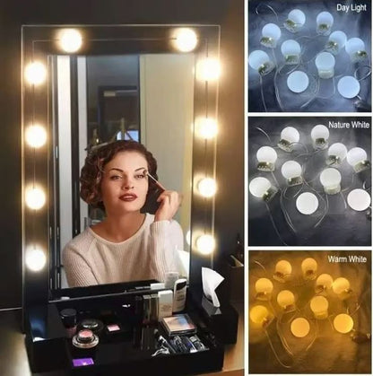 ایل ای ڈی وینٹی مرر لائٹس - 3 کلر موڈز اور یو ایس بی پاور کے ساتھ 10 بلب