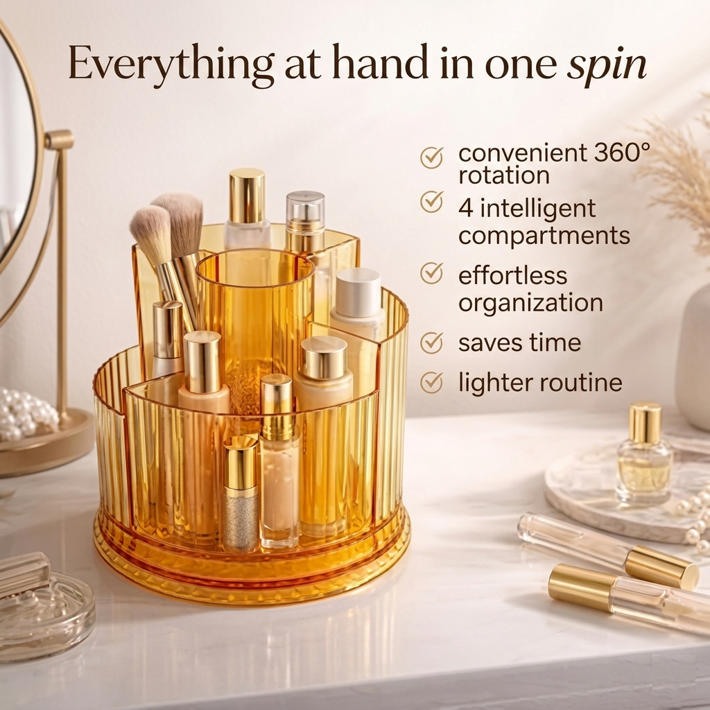 360° Rotating Makeup & Skincare Organizer – 4-Compartment Vanity Spinner