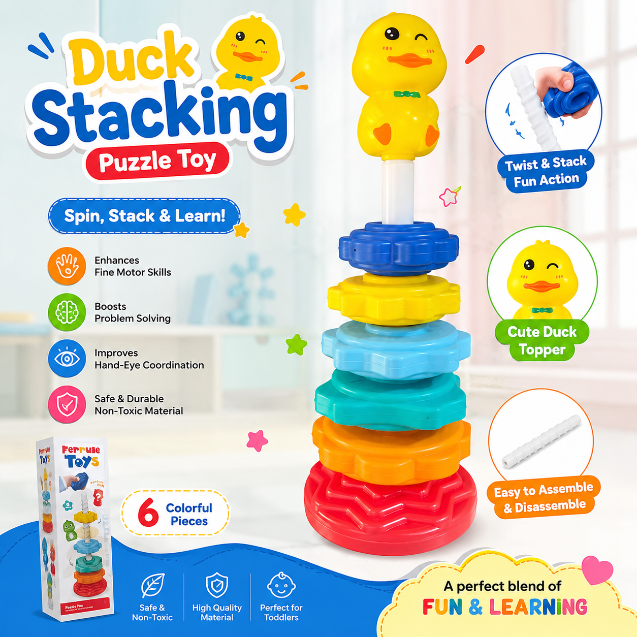 Duck Stacking Puzzle Toy for Toddlers – 6-Piece Spin & Stack Rainbow Ring Tower